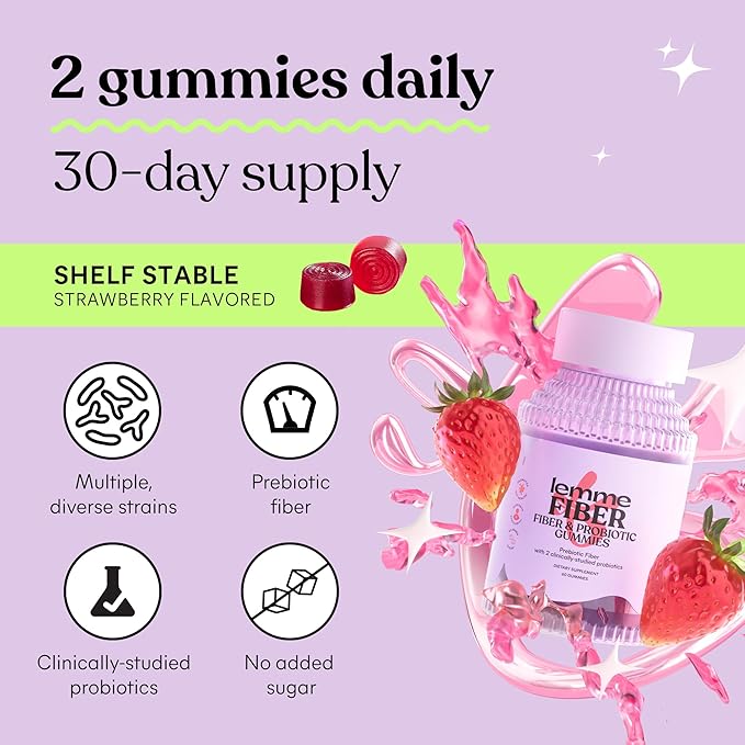 Lemme Fiber &amp Probiotic Gummies for Adults Promotes Regularity &amp Digestive Health No Sugar Added Strawberry Flavor 4g Prebiotic Fiber &amp Clinically Studied Probiotic Strains (60 Count)