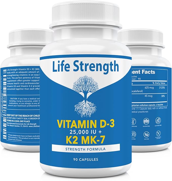 Vitamin K2 (MK7) + D3 25000IU Supplement - Extra Strength Non GMO Easy to Swallow No Fillers - Supports Immune &amp Bone Health
