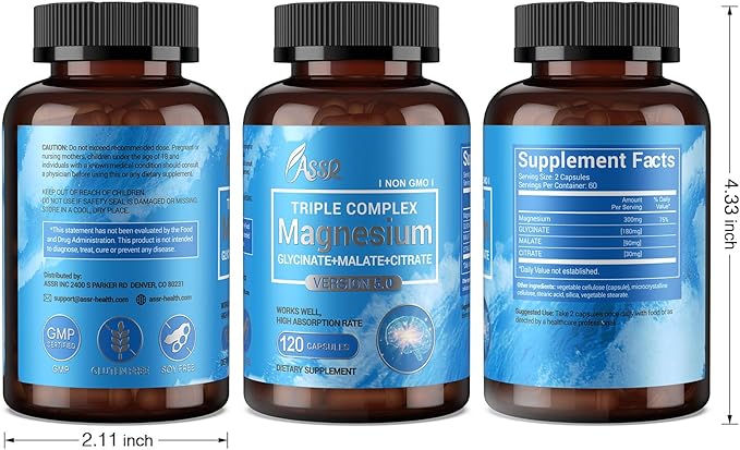 ASSR Triple Magnesium Complex – 300mg Magnesium Supplement with Glycinate Malate &amp Citrate – Supports Relaxation Muscle &amp Nerve Function – High Absorption Vegan Non-GMO 120 Capsules
