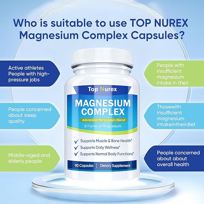 Top Nurex Magnesium Complex 1000 mg 8-Source Magnesium Blend with Glycinate Citrate Malate &amp Taurate Vegan Non-GMO Formula 90 Capsules