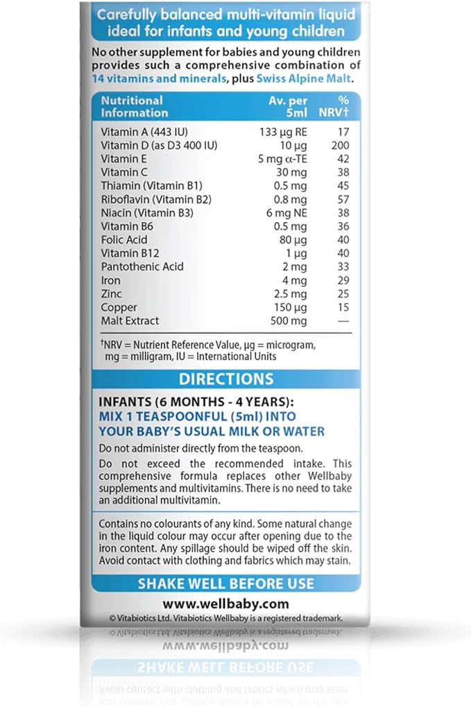 Vitabiotics Wellbaby Multi-Vitamin Liquid - Immune System Multivitamin for Infants and Babies Ages 6 Months to 4 Years - 150mL