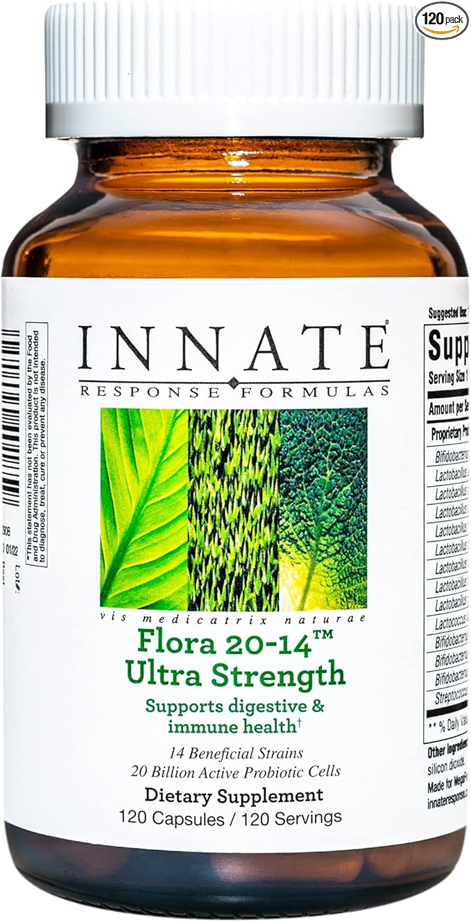 Innate Response Formulas Flora 20-14 Ultra Strength - Probiotic Supplement with 20 Billion CFU - 14 Probiotic Strains - Vegetarian and Non-GMO - Made Without 9 Food Allergens - 120 Capsules
