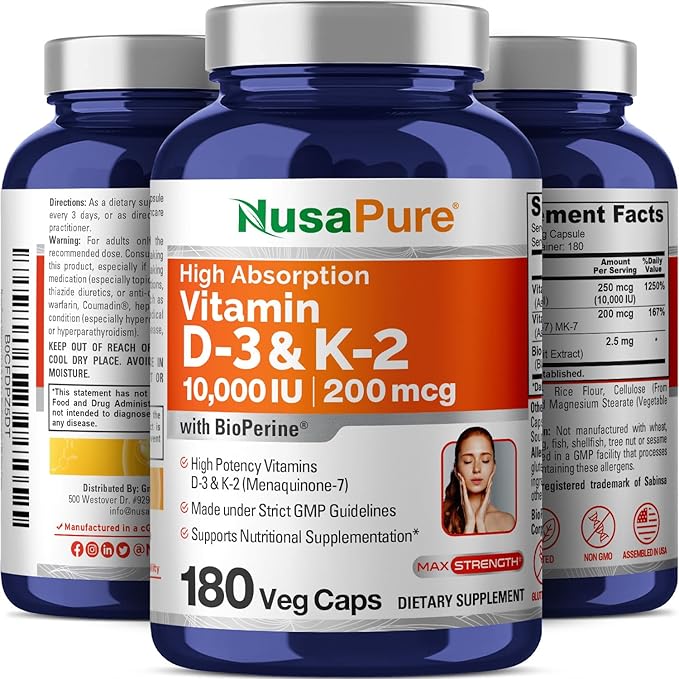 NusaPure Vitamin K2 (MK7) (200mcg) + Vitamin D3 (10000 IU) 180 Veg Caps - Bioperine Soyfree Non-GMO