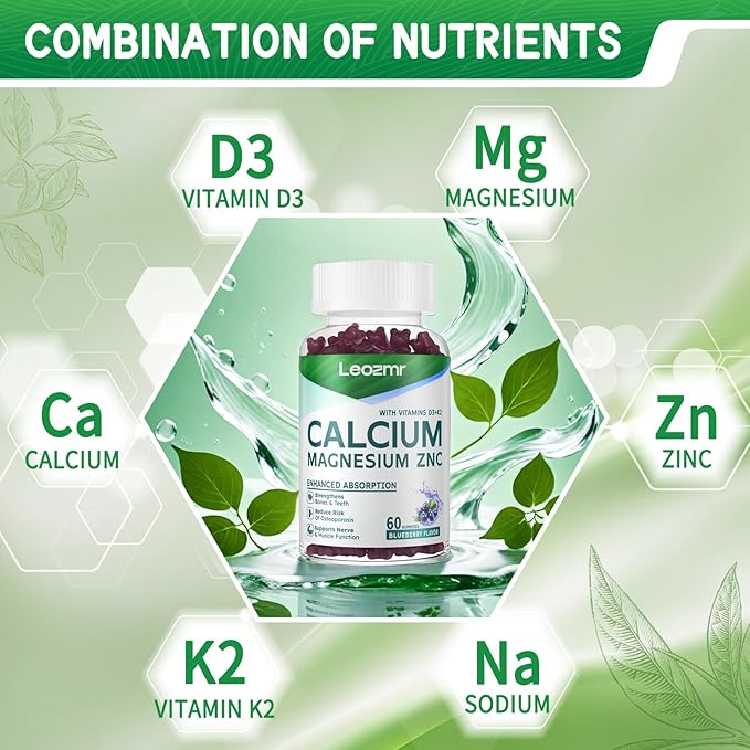 Calcium Magnesium Zinc Gummies with Vitamin D3 &amp K2 - High Potency Enhanced Absorption -120 Blueberry Gummies Flavored