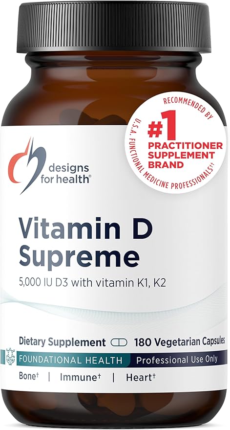 Designs for Health Vitamin D Supreme - Vitamin D 5000 IU with 2000mcg Vitamin K as MK4 for Bone Health Heart Health Mood &amp Immune Support - Vitamin D3 Enhanced with GG Supplement (180 Capsules)