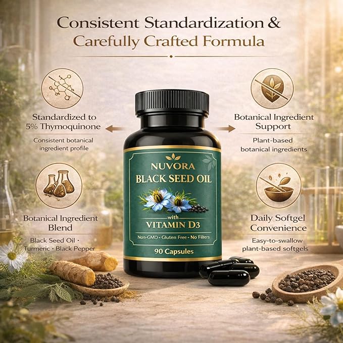 Nuvora Black Seed Oil1000mg with Turmeric &amp Black Pepper Extract Standardized 5% Thymoquinone Supports Overall Wellness &amp Antioxidant Health Non-GMO Gluten Free 90 Softgels (1PC)