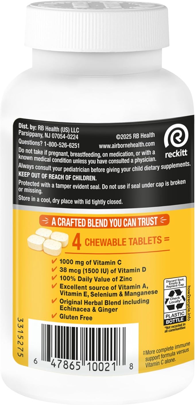 Airborne Citrus Chewable Tablets 200ct | Immune Support Supplement with 1000mg Vitamin C + Vitamins A D E ZincSelenium &amp Manganese | Herbal Blend | Gluten Free