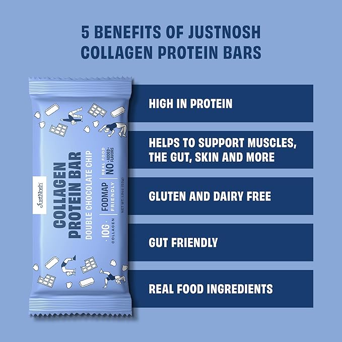 JUSTNOSH Double Chocolate Chip Collagen Protein Bars – 15g Protein 10g Collagen | Gluten &amp Dairy Free Low FODMAP Seed Oil Free (12 Pack)