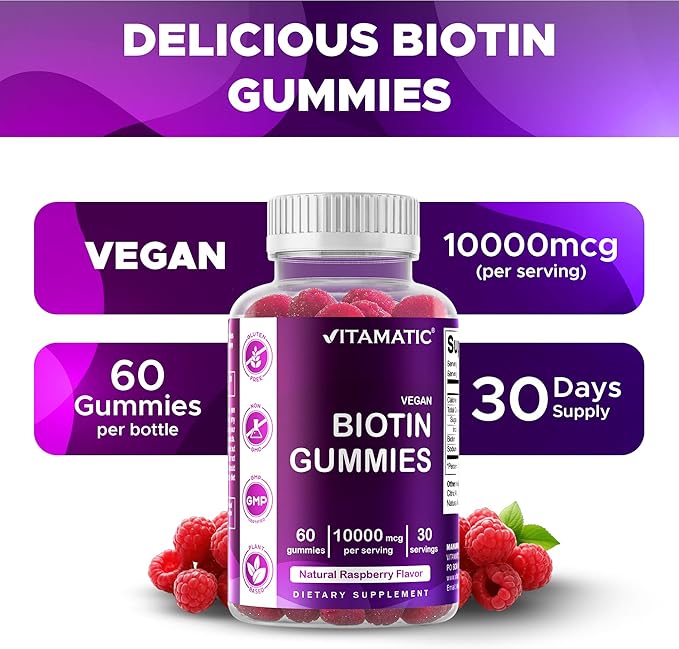 Vitamatic Biotin Gummies 10000 mcg for Stronger Hair Skin &amp Nails - 60 Vegan Gummies - Also Called Vitamin B7 (6 Bottles)