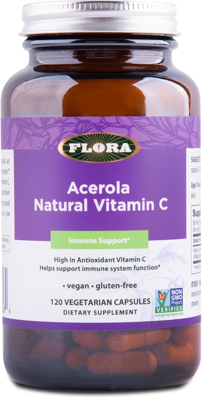 Flora Health Acerola Natural Vitamin C Daily Immune Booster Gluten Free &amp Vegan Antioxidant Powder 120 Vegetarian Capsules Glass Bottle