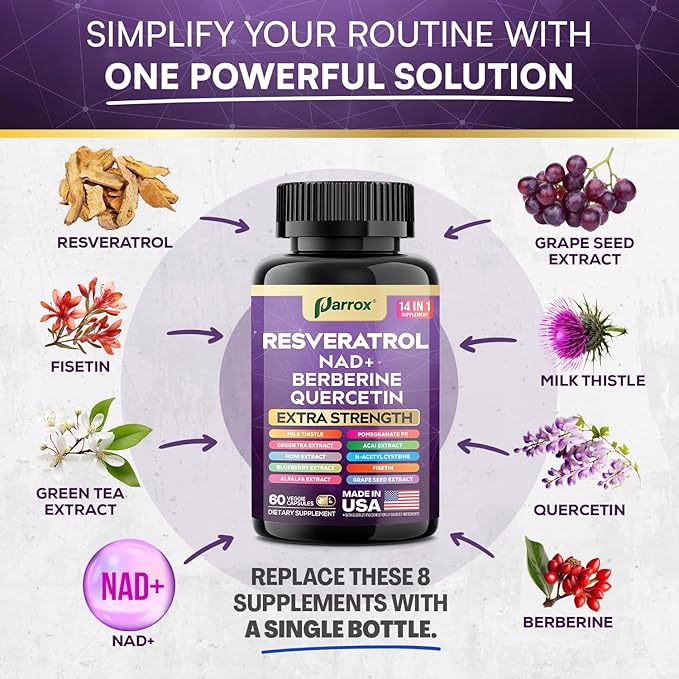 Resveratrol Supplement with Milk Thistle NAD Berberine Quercetin Fisetin Pomegranate Green Tea Noni Acai Blueberry Grape Seed Extracts N-Acetyl Cysteine 14-in-1 Extra Strength (60 Caps)