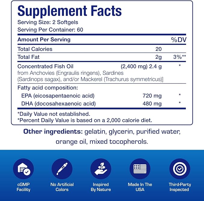 Clinical Omega 3 Fish Oil Supplement with EPA and DHA - 120 Orange Flavored Softgels for Heart Immune and Nervous Health - 1200mg of Molecularly Distilled Omega-3