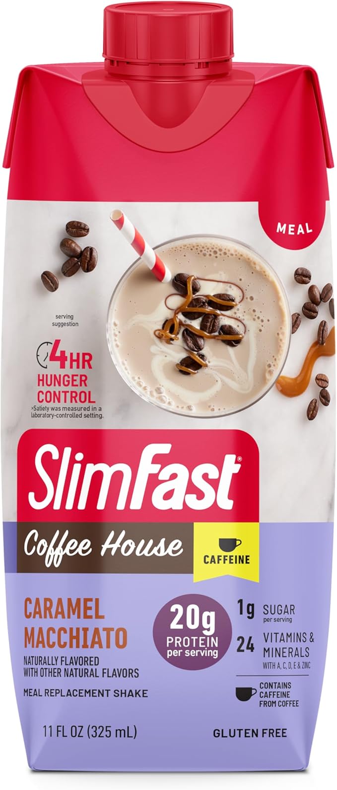 SlimFast Protein Shake with Caffeine Caramel Macchiato- 20g Protein Meal Replacement Shakes High Protein with Low Carb and Low Sugar 24 Vitamins and Minerals 12 Count (Pack of 1)