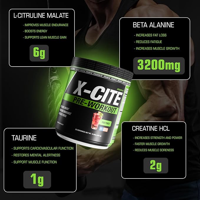 X-CITE Pre-Workout by ATHLEAN-X - Enhanced Formula with Beta-Alanine Creatine &amp Caffeine for Ultimate Energy Endurance Focus &amp Muscle Pump NSF Certified for Sports (Fruit Punch)
