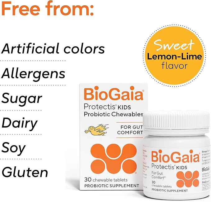 BioGaia Kids Probiotic Chewables | Promote Regularity | Ease Occasional Tummy Troubles | Ages 3+ | Allergen Dairy Soy &amp Gluten Free | Backed by 30 Years of Probiotic Research | 90 Day Supply