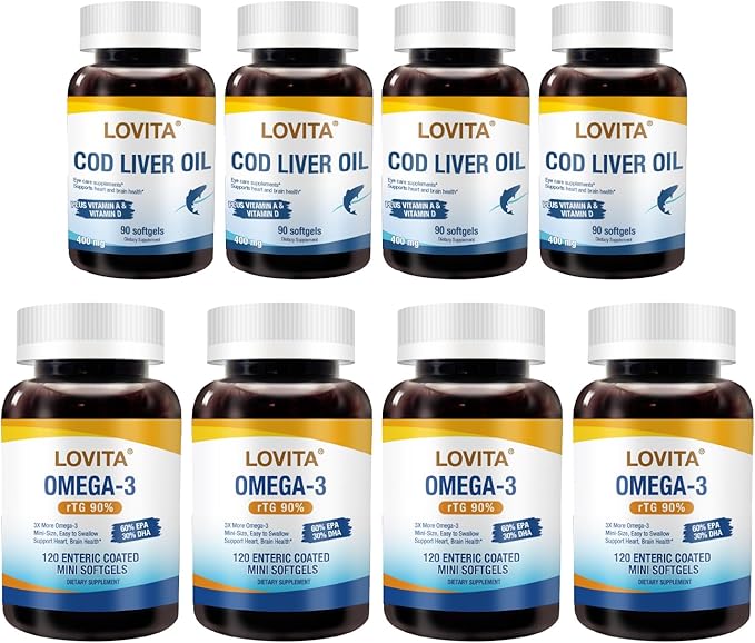 LOVITA 8-Pack Total Omega Bundle - 4 Fish Oil (120ct) &amp 4 Cod Liver Oil (90ct) Heart Brain &amp Immune Support (8 Pc Value Set)