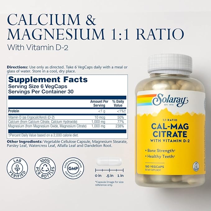 SOLARAY Calcium Magnesium Citrate 1:1 Ratio w/Vitamin D 2 - Calcium Supplements for Women and Men - Calcium 1000mg Magnesium 1000mg - Bone Health Support - 60-Day Guarantee 30 Servings 180 VegCaps