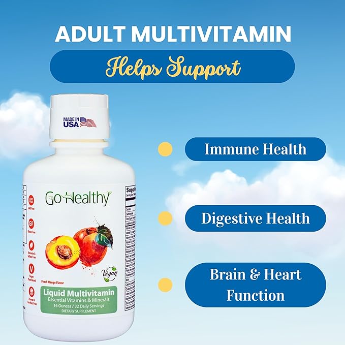 Go Healthy Liquid Vitamins for Women Men Teens | Vegan Vitamin &amp Mineral | High Absorption | Premium Liquid Multivitamin | Immune Support | Peach Mango - 32 Servings