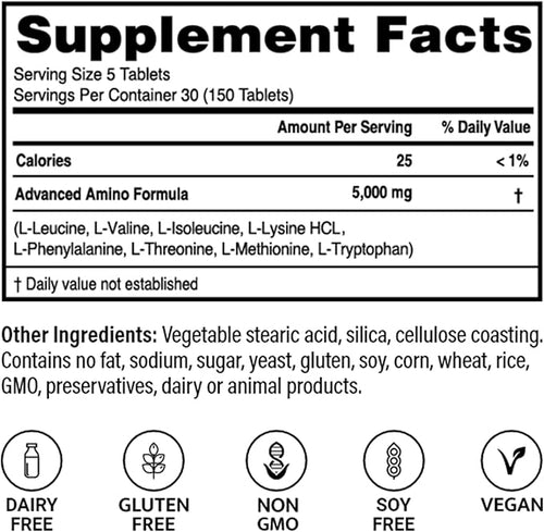 Advanced Bionutritionals – Advanced Amino Formula Tablets Amino Acid Supplement Build Muscle Post Workout Recovery Energy Stamina Non-GMO Gluten Free Dairy Free Vegan (150 Tablets)