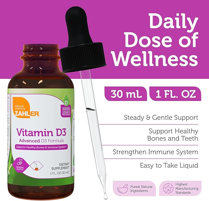 Zahler Liquid Vitamin D3 5000 IU - for Adults Bone &amp Immune Health - Vitamin D3 Supplements for Women &amp Men (1 fl oz)