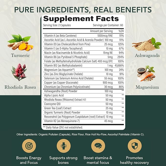 Multivitamin for Men with Vitamin D K2 Zinc Vitamin B12 A E B6 Calcium – Immune Health &amp Energy Support Daily Mens Multivitamins – Gluten Free Vegan Unflavored Supplements (120 Capsules)