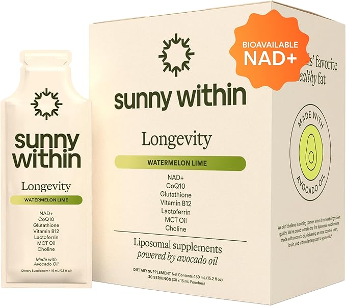Longevity – Liposomal NAD+ Glutathione Supplement w/Liquid NAD+ CoQ10 B12 MCT &amp Avocado Oil – Cellular Health Energy Brain Gut &amp Heart Support* – Watermelon Lime – 30 Pouches