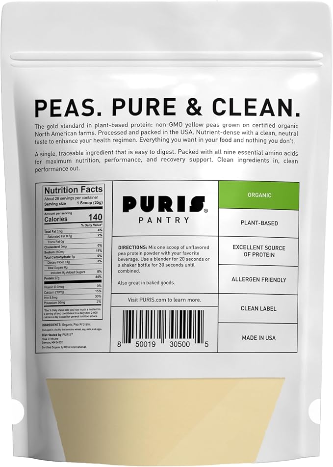 PURIS Organic Pea Protein Powder – USDA Organic Vegan Protein | 27g Plant Protein Per Serving | Non-GMO Gluten-Free Soy-Free | Clean Label | Smooth Taste | 2 lb (3 Pack)