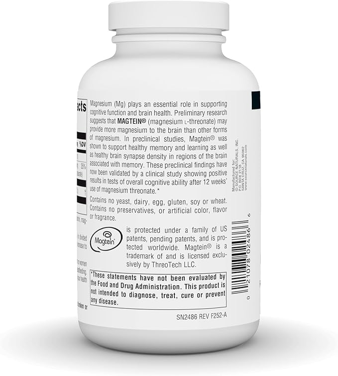 Source Naturals Magtein Magnesium L-Threonate 667mg Supports Focus Mood Healthy Memory Cognitive Function - 180 Capsules