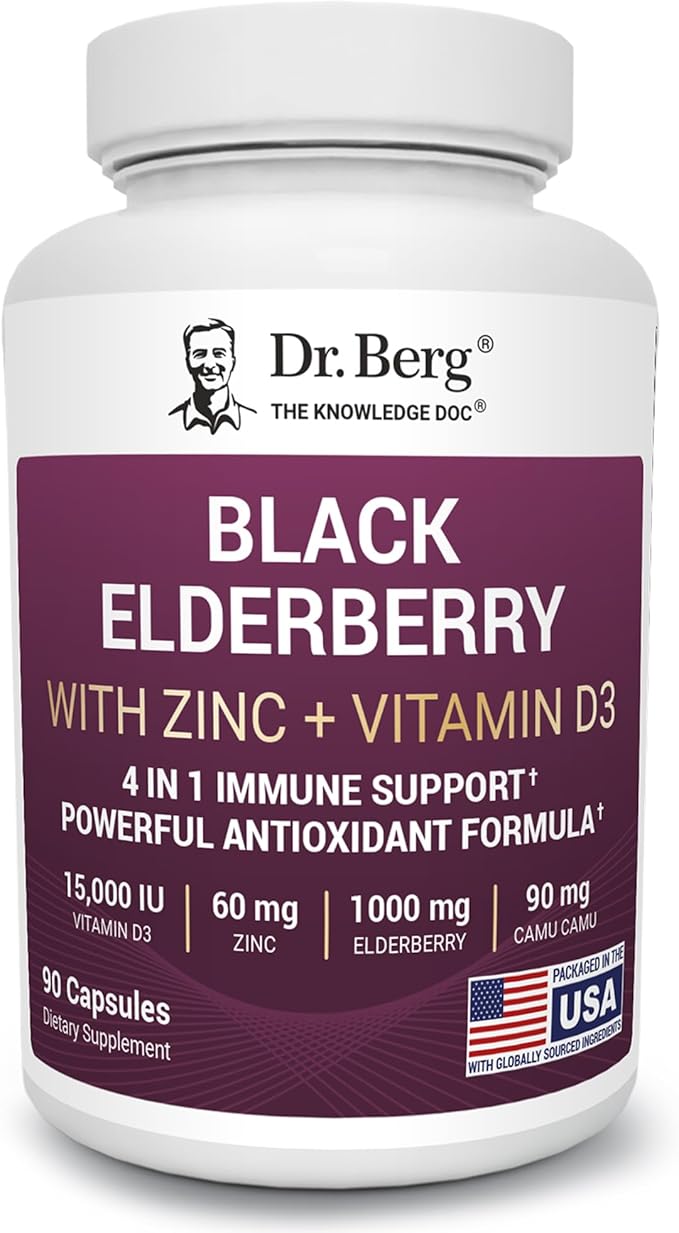 Dr. Berg Black Elderberry Capsules (Advanced Immune Support*) with 15000 IU Vitamin D 60 mg of Zinc &amp 90 mg of Camu Camu - (4-in-1) Sambucus Elderberry Immune Support Supplement - 90 Capsules