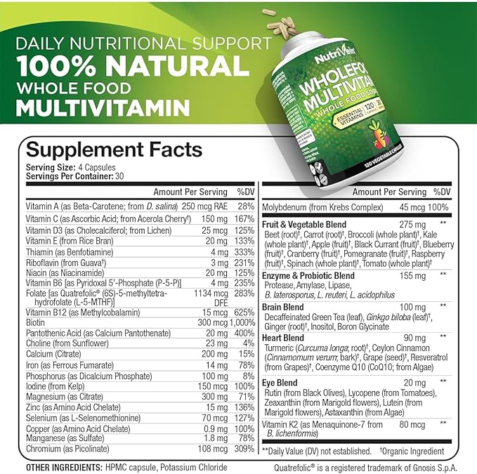 Nutrivein Whole Food Multivitamin for Men &amp Women – 120 Vegan Multivitamin Caps for Adults – Daily Energy Immune &amp Heart Support – Raw Fruit &amp Veggie Blend + B Vitamins - Not Intended for