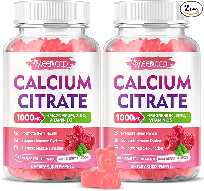 2 Pack Calcium Citrate Gummies 1000mg w/Vitamin D3 High Absorption Calcium Gummies for Women &amp Men Plus Magnesium Potassium Zinc for Muscle &amp Immune Support Raspberry Flavor 120 Count