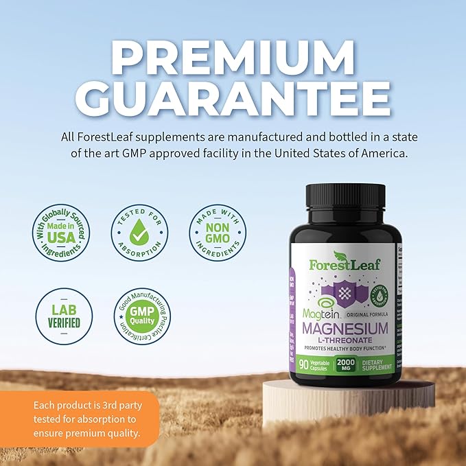 Forest Leaf Magnesium L-Threonate Magtein Capsules - 2000mg Magnesium Threonate Supplement Supports Cognitive Function Focus Brain Deep Calm and Sleep for Men &amp Women | 90 Powder Veg Caps