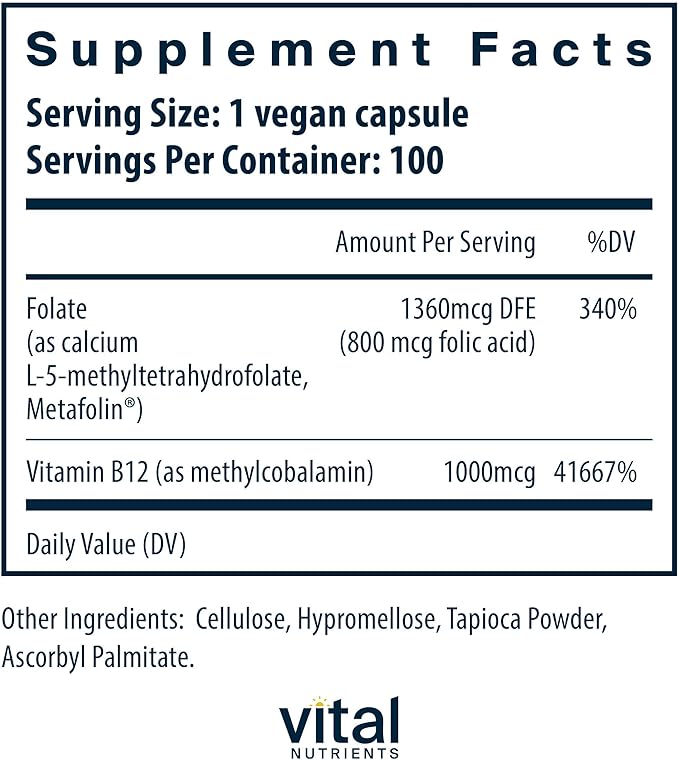 Vital Nutrients Vitamin B12 &amp Methyl Folate - Vegan Methylated Folate &amp B12 Supplement - 5-MTHF Plus B12 Supports Nervous System &amp Metabolism* - Gluten Dairy Soy Free - 100 Capsules