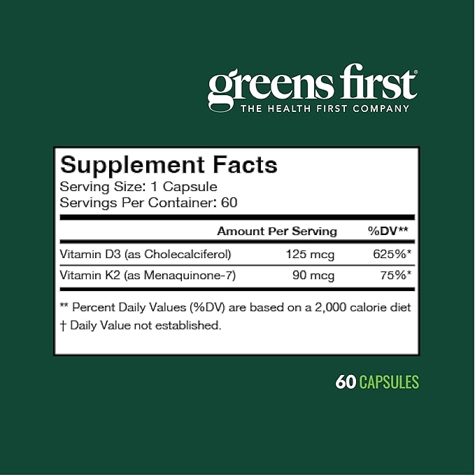 Greens First Vitamins D3+K2 - Support for Heart Bone Vascular and Immune Health - Made with Vitamin D3 &amp Vitamin K2-60 Vegetable Capsules