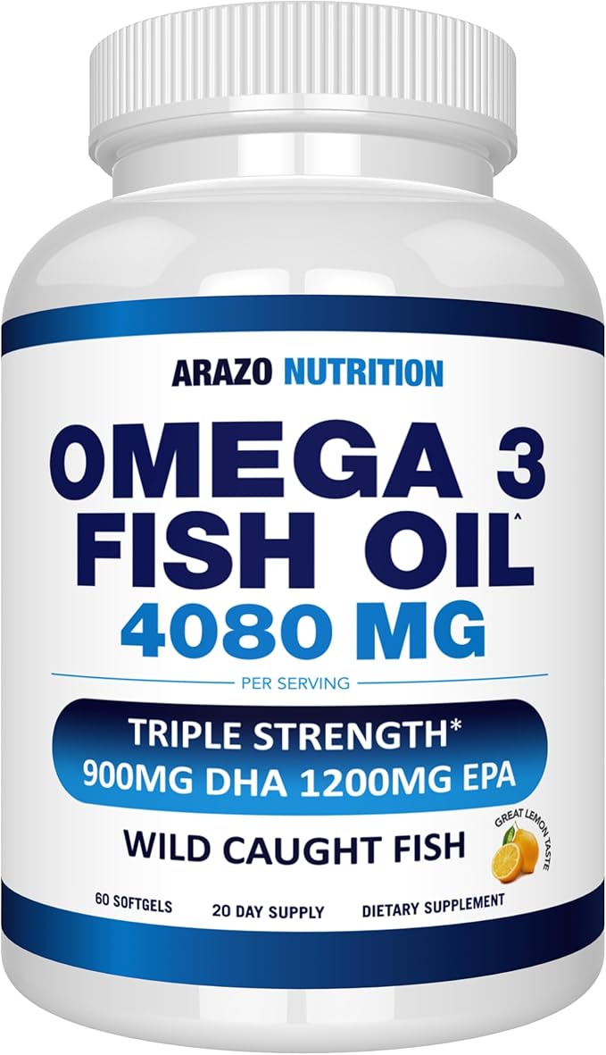 Arazo Nutrition Wild Caught Omega-3 Fish Oil Concentrate – 4080mg per Serving – High EPA 1200mg &amp DHA 900mg – 60 Burpless Lemon Softgels