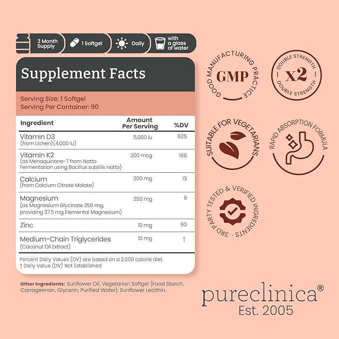 pureclinica Double Strength D3 + K2 Complex x 360 Vegan Softgels (4 Bottles of 90) – 5000 IU D3 + 100mcg K2 with Magnesium Calcium &amp Zinc – 12 Months Supply