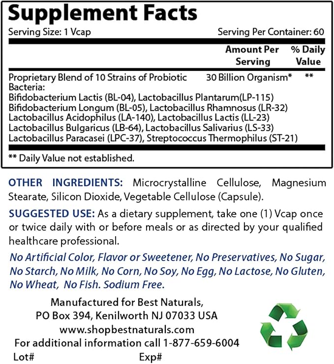 Best Naturals Probiotic 10 Strains &amp 30 Billion CFU &amp Vitamin D3 10000 IU