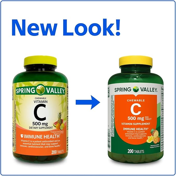 Spring Valley Vitamin C 500 mg Chewable Tablets Immune Support Dietary Supplement 200 Count