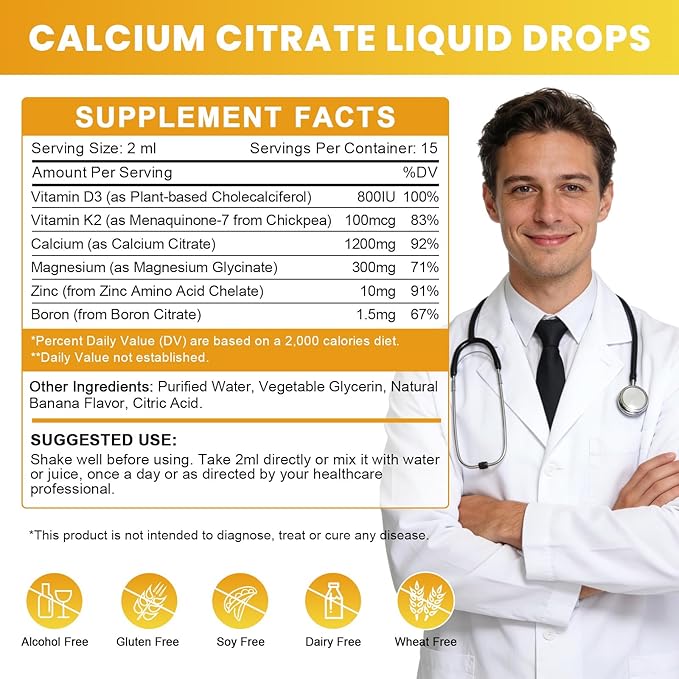 Calcium Citrate 1200mg Liquid Supplement with Vitamin D3 for Women &amp Men - Calcium Magnesium Zinc D3 K2 Supplement for Bone Teeth Immune Support - Sugar Free Vegan Banana Flavor - 1 Fl Oz (2 P