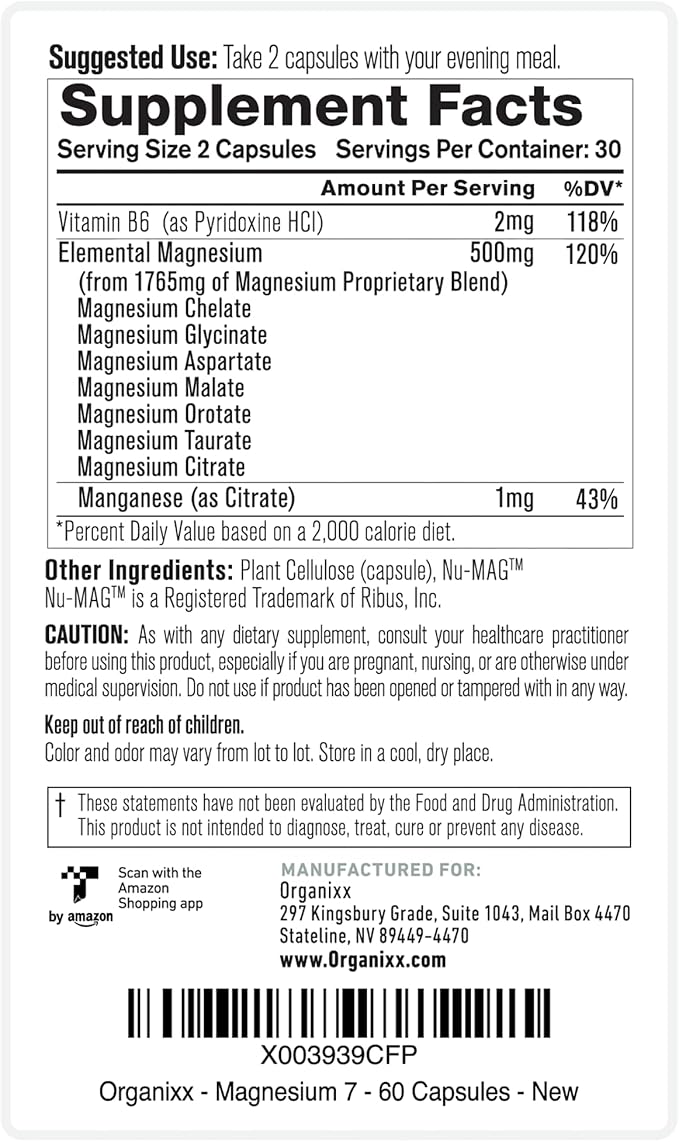 Organixx Magnesium 7 Supplement Natural Magnesium Capsules for Sleep Support Muscle Recovery with Vitamin B6 and Manganese Citrate and Glycinate Vegan Non GMO 180 Count (60 Capsule 3 Pack)