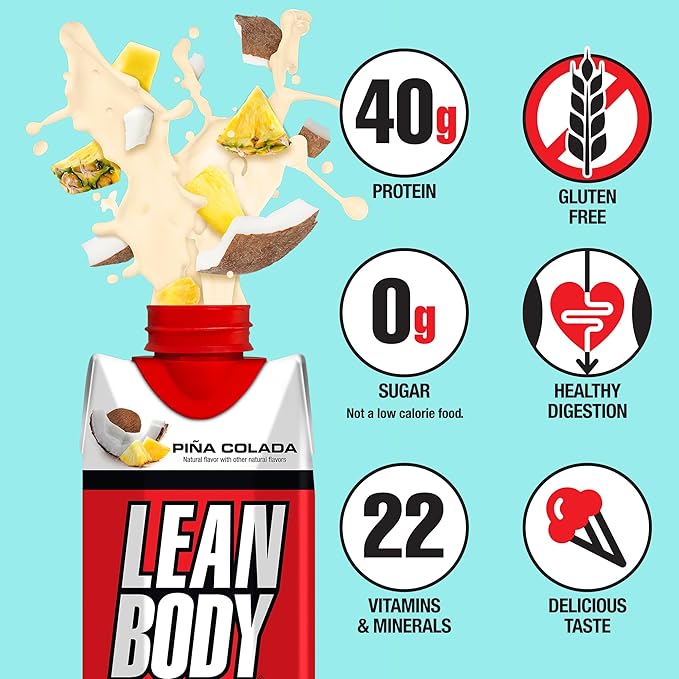 Lean Body Ready-to-Drink Pina Colada Protein Shake 40g Protein Whey Blend 0 Sugar Gluten Free 22 Vitamins &amp Minerals 17 Fl Oz (Pack of 12)
