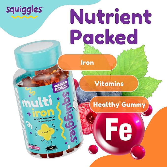 Squiggles Kids Multivitamin + Iron Gummies - Low Sugar Gummy Vitamins with Iron Supplements for Kids - Broad Spectrum of Vitamins and Minerals Chewy Yummy Berry Flavor (100 Count)