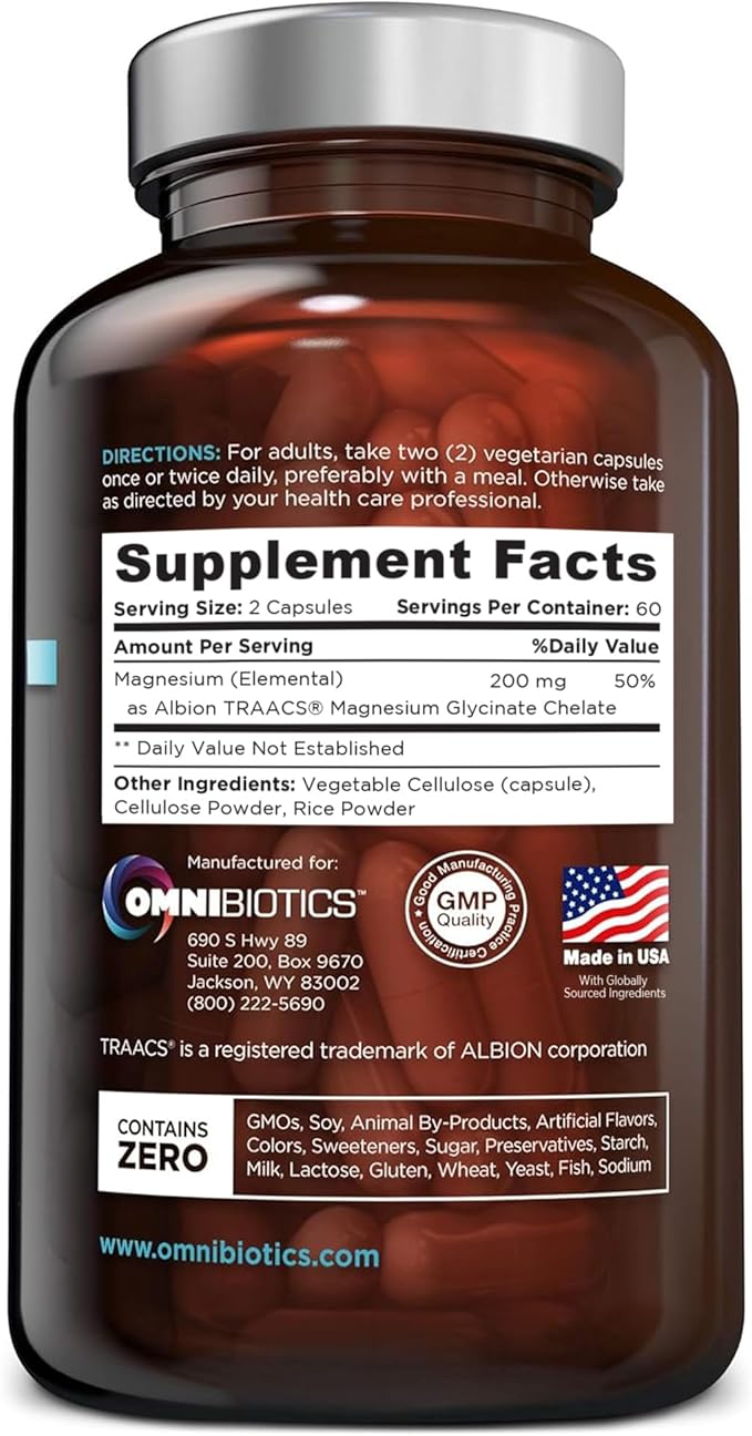 OmniBiotics Magnesium Glycinate Supplement – with 100% Pure Albion TRAACS Bisglycinate Chelate for Sleep Muscle Nerve &amp Heart Health – 120 Vegan Capsules