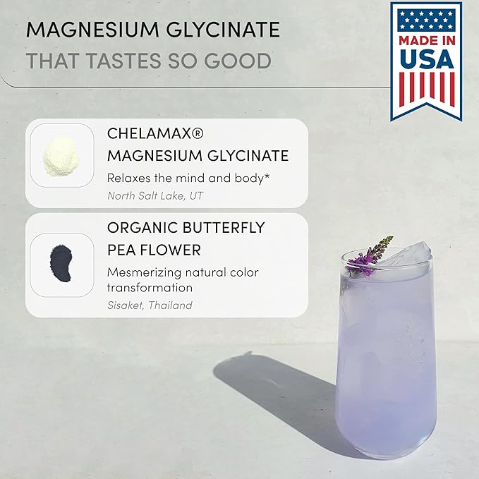 Magnesium Glycinate Powder 200mg | High Absorption Chelated Bisglycinate with Organic Butterfly Pea Flower | Supports Stress Relief Calm &amp Sleep | 8.6 oz 60 Servings