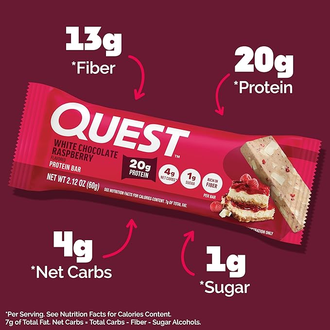 Quest Nutrition White Chocolate Raspberry Protein Bars 20g Protein 1g Sugar 5g Net Carb High Fiber Gluten Free Keto Friendly 12 Count