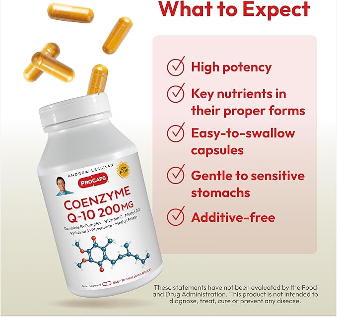 ANDREW LESSMAN Coenzyme Q-10 200 mg 60 Capsules - Essential for Energy Production and Optimum Key Organ Function Anti-Oxidant Support Depleted by Aging Plus B-Complex. Easy to Swallow Capsules