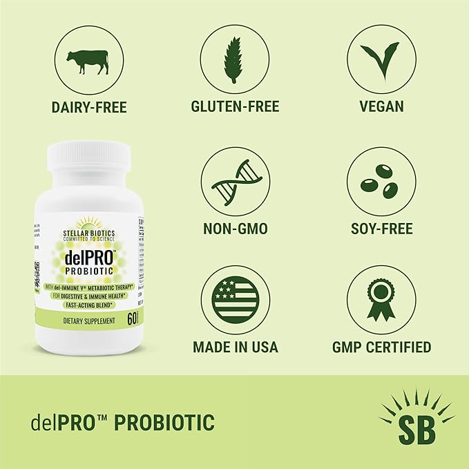 Stellar Biotics - Delpro Probiotic (+ Del-Immune V &amp Prebiotic Blend) Promotes Optimal Gut Health Digestion Immune Support &amp Mood (60 Capsules)