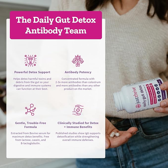 Daily Gut Detox - Ultra-Concentrated Detox &amp Immune Support Supplement with IgG Antibodies - Promotes Gut Health Detoxification &amp Balanced Immune Response - 120 Dairy-Free Non-GMO Capsules