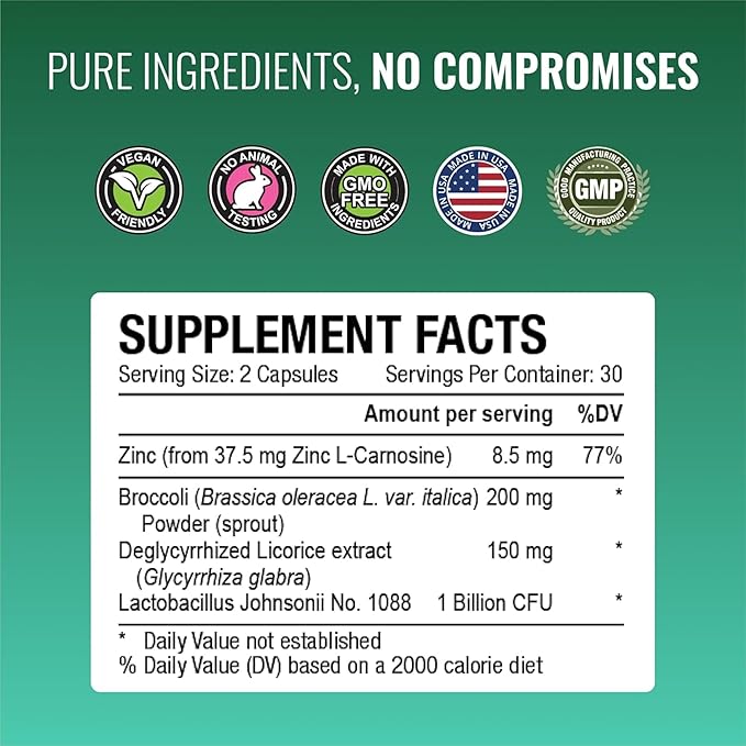 Approved Science Pyloriprin - Advanced Digestive Support for A Healthy Stomach - Zinc L-Carnosine Probiotic Broccoli Sprout Deglycyrrhized Licorice - 180 Capsules - Three Month Supply - Vegan
