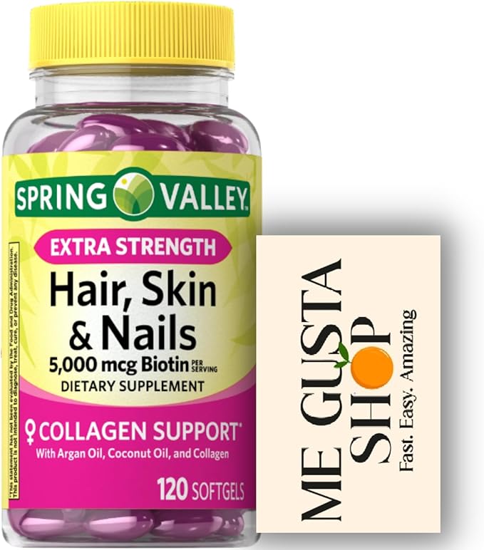 Spring Valley Hair Skin &amp Nails Biotin Collagen Gelatin Extra Strength Dietary Supplement 120ct (Pack of 02) 240 Total + me Gusta Sticker